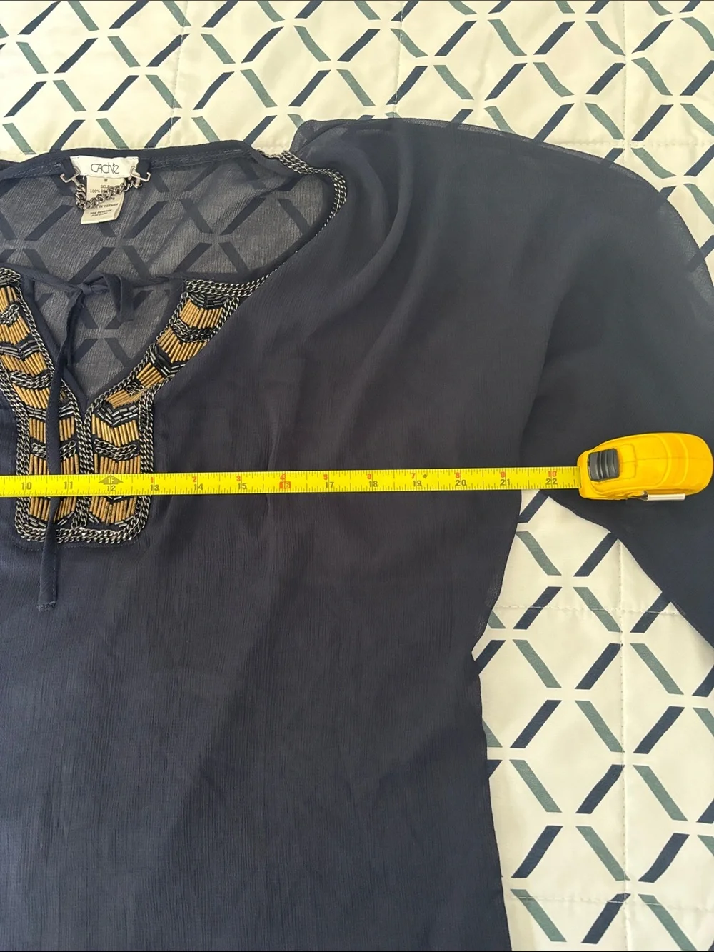 Cache Navy blue Sheer Tunic with Gold Embellished V-Neck